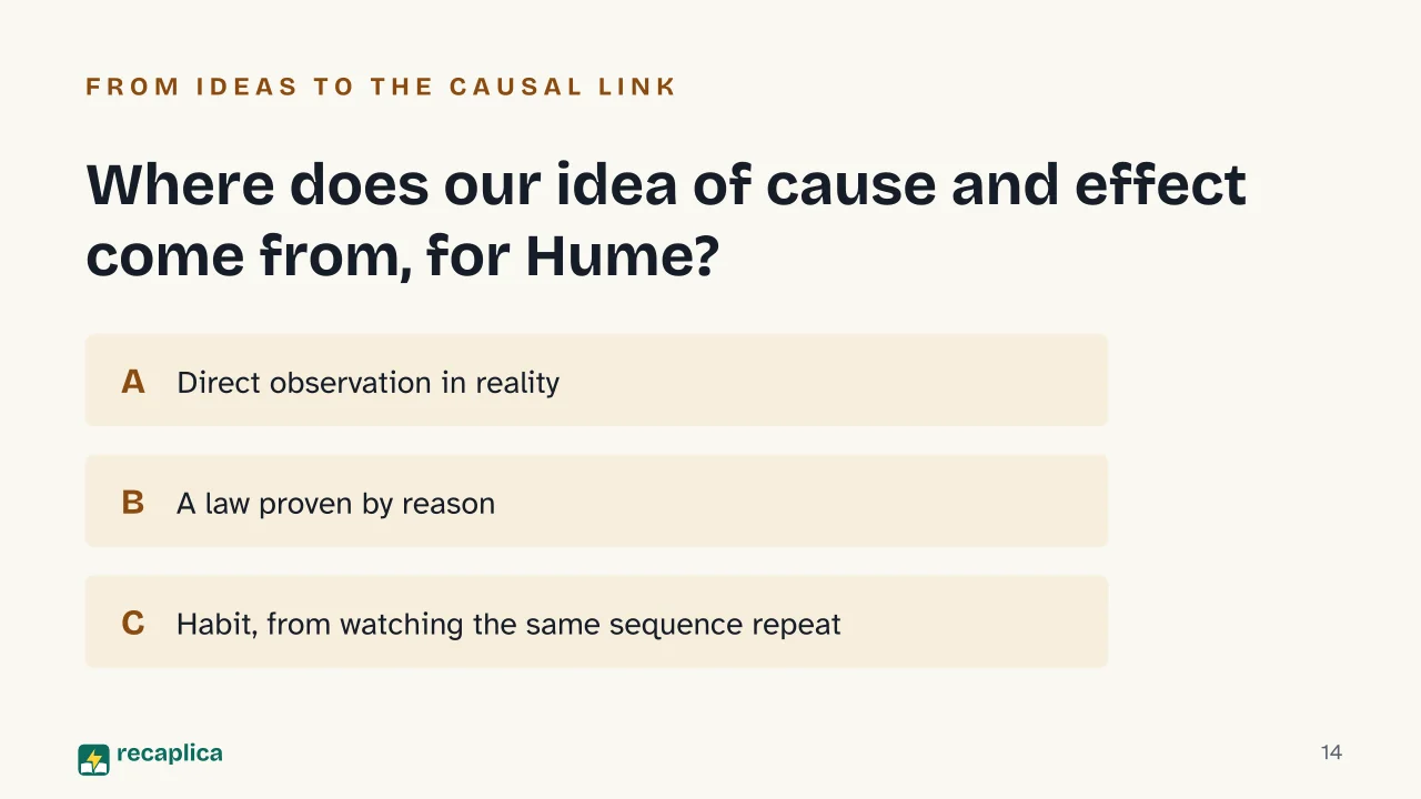 Slide 14 of the presentation on David Hume: Where does our idea of cause and effect come from, for Hume?