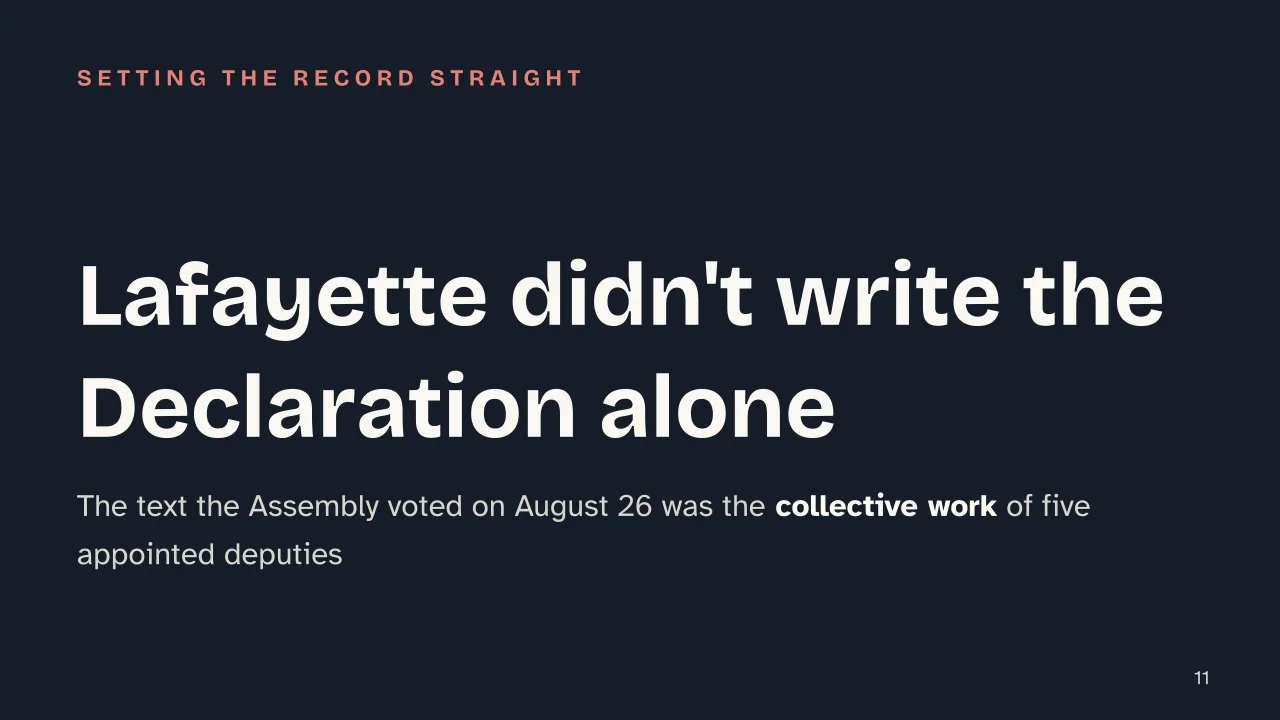 Slide 11 of the presentation on Declaration of the Rights of Man: Lafayette didn't write the Declaration alone
