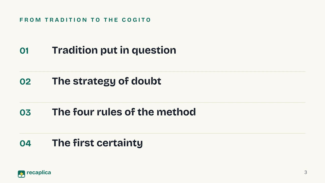 Slide 3 of the presentation on Descartes' Method: From tradition to the cogito