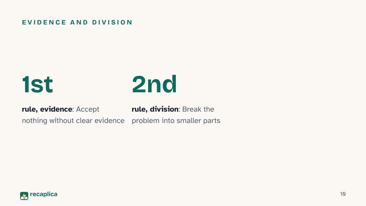 Slide 10 of the presentation on Descartes' Method: Evidence and division