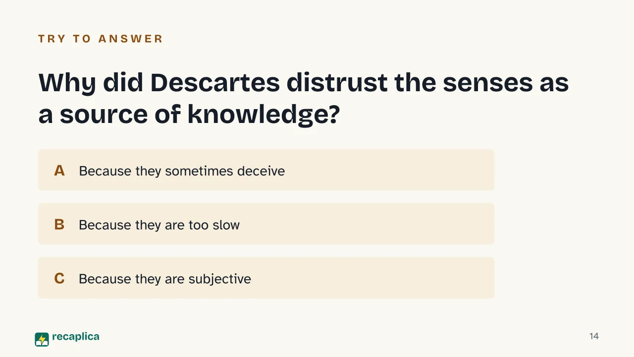 Slide 14 of the presentation on Descartes' Method: Why did Descartes distrust the senses as a source of knowledge?