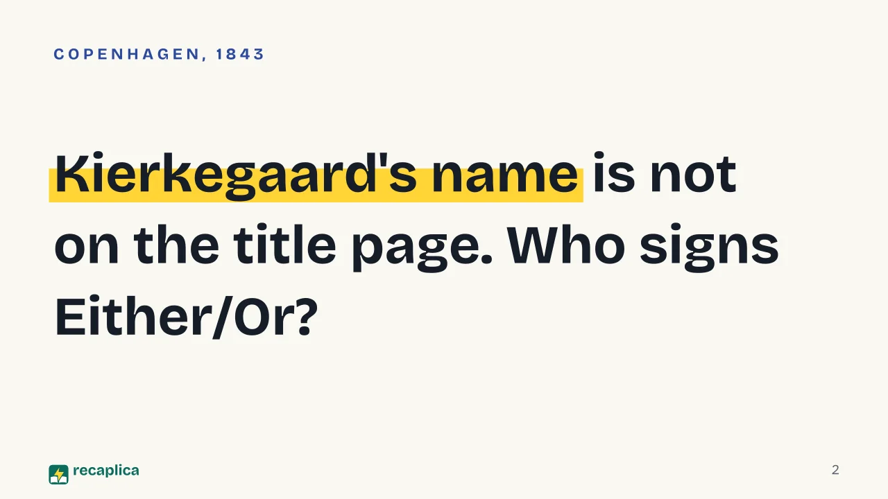 Slide 2 of the presentation on Either/Or by Kierkegaard: Kierkegaard's name is not on the title page. Who signs Either/Or?