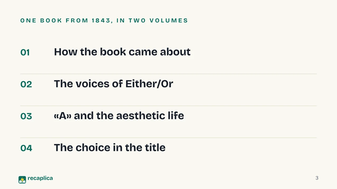 Slide 3 of the presentation on Either/Or by Kierkegaard: One book from 1843, in two volumes