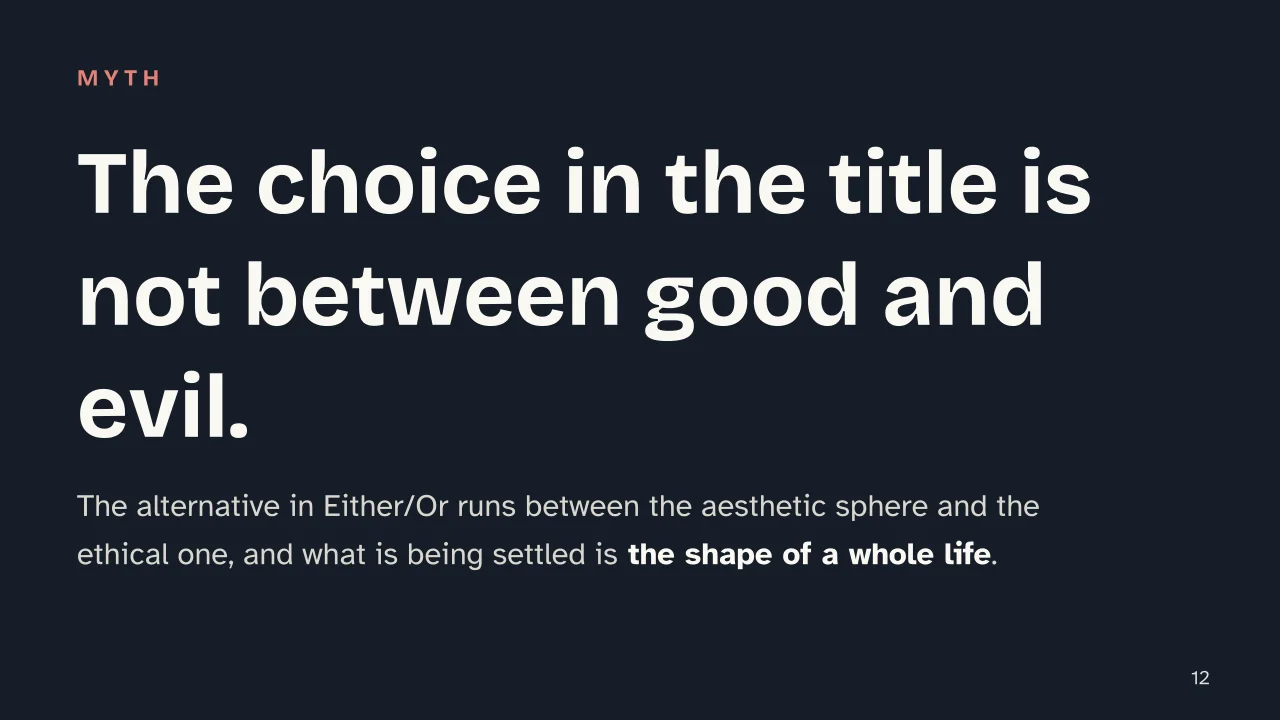 Slide 12 of the presentation on Either/Or by Kierkegaard: The choice in the title is not between good and evil.