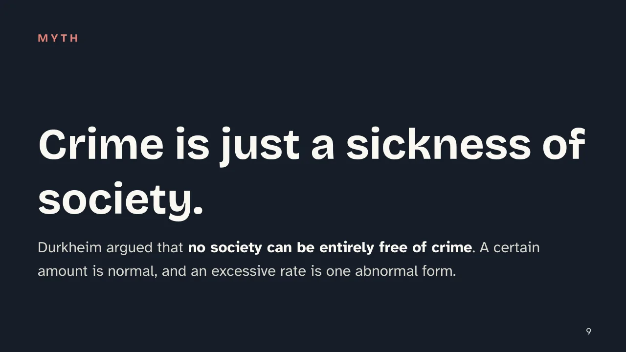 Slide 9 of the presentation on Emile Durkheim: Crime is just a sickness of society.