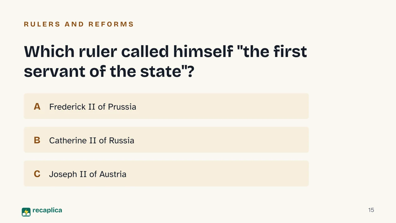 Slide 15 of the presentation on Enlightened Absolutism: Which ruler called himself "the first servant of the state"?