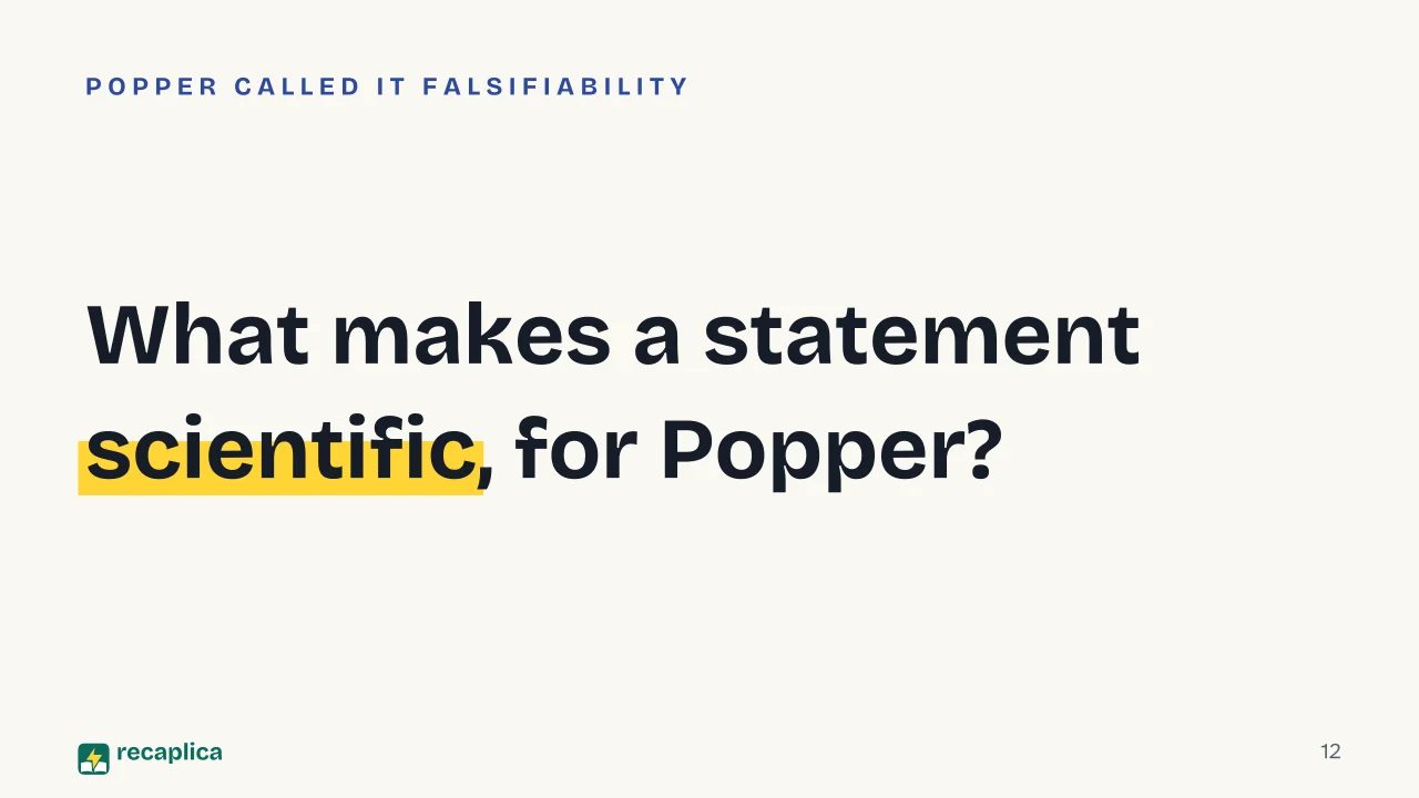 Slide 12 of the presentation on What Is Epistemology? How Philosophy Looks at Science: What makes a statement scientific, for Popper?