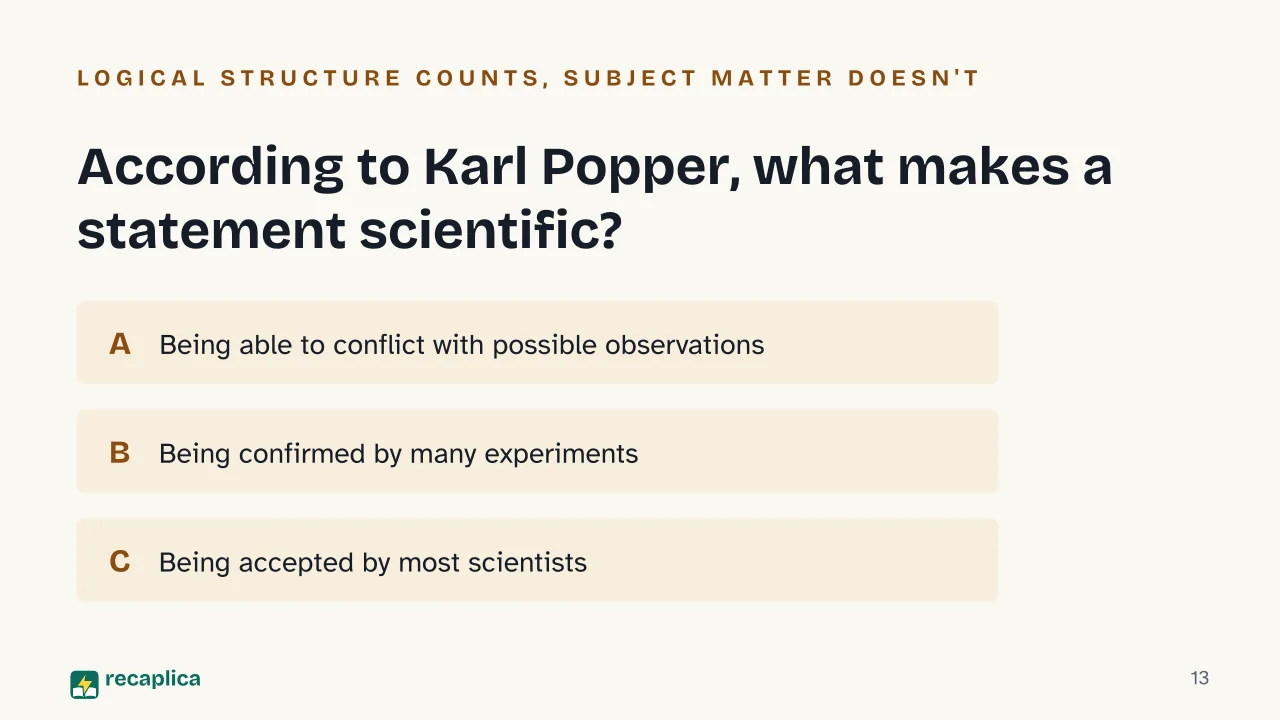 Slide 13 of the presentation on What Is Epistemology? How Philosophy Looks at Science: According to Karl Popper, what makes a statement scientific?