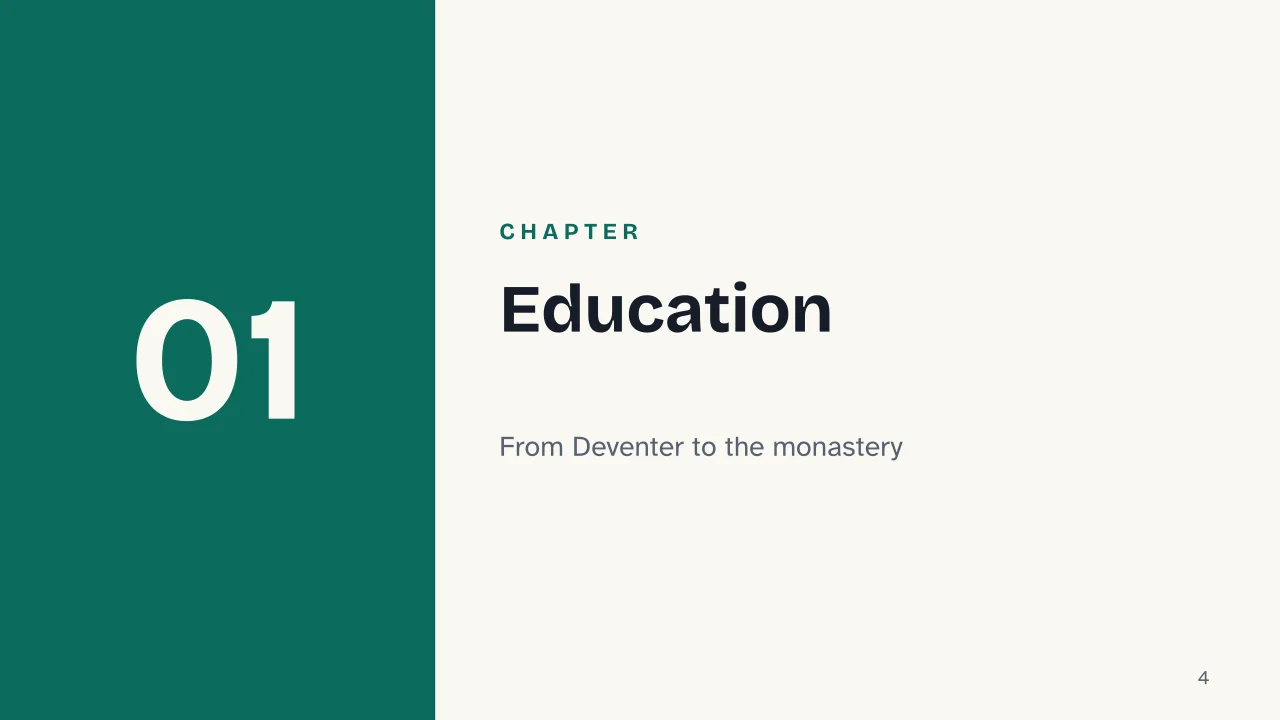 Slide 4 of the presentation on Erasmus of Rotterdam: Chapter 01: Education