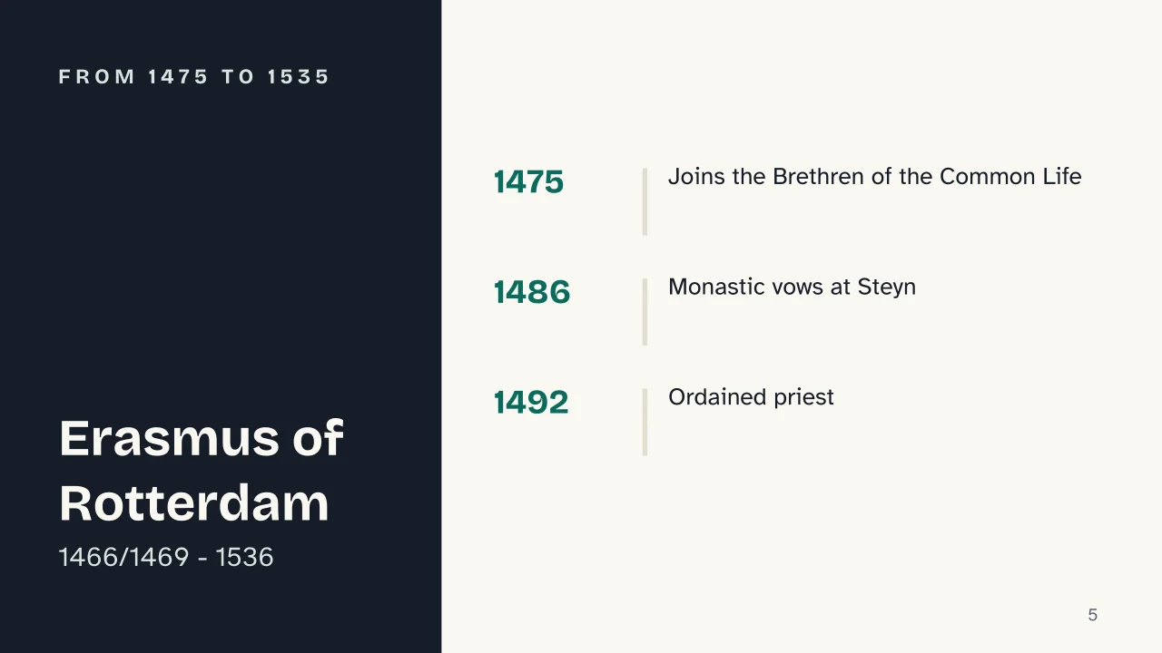 Slide 5 of the presentation on Erasmus of Rotterdam: From 1475 to 1535