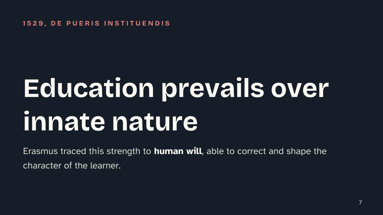 Slide 7 of the presentation on Erasmus of Rotterdam: Education prevails over innate nature