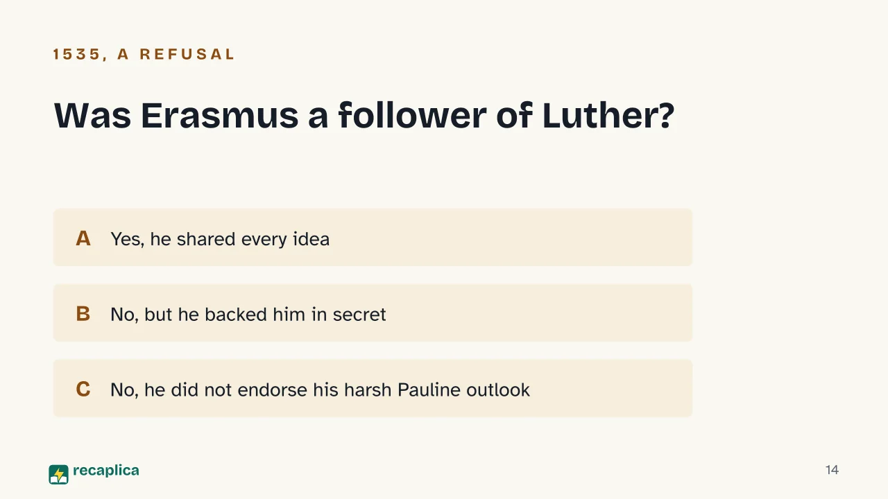 Slide 14 of the presentation on Erasmus of Rotterdam: Was Erasmus a follower of Luther?