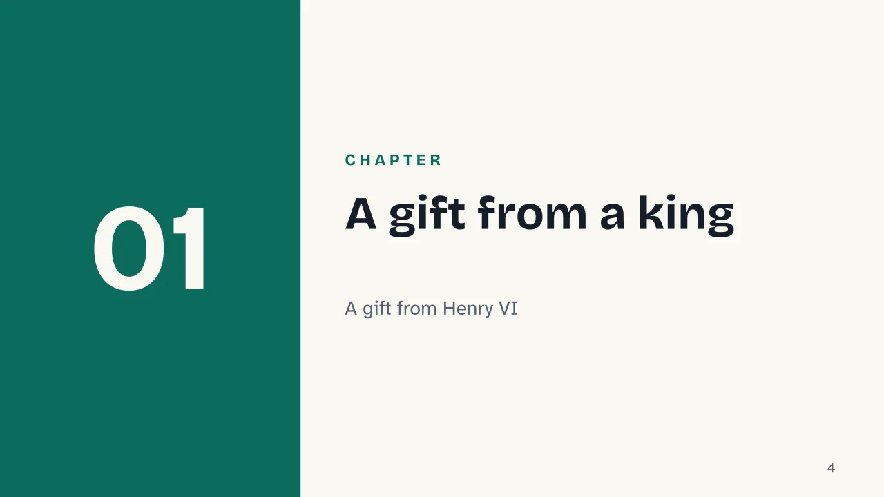 Slide 4 of the presentation on Eton College: Chapter 01: A gift from a king