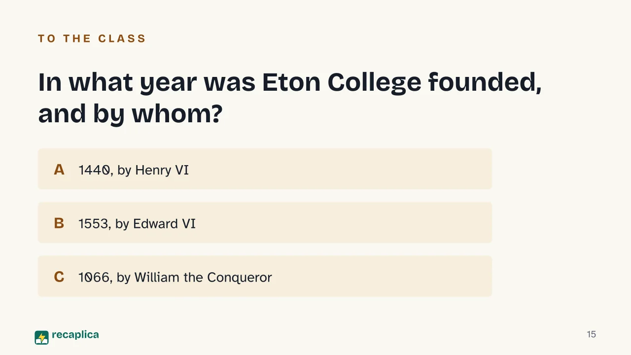 Slide 15 of the presentation on Eton College: In what year was Eton College founded, and by whom?