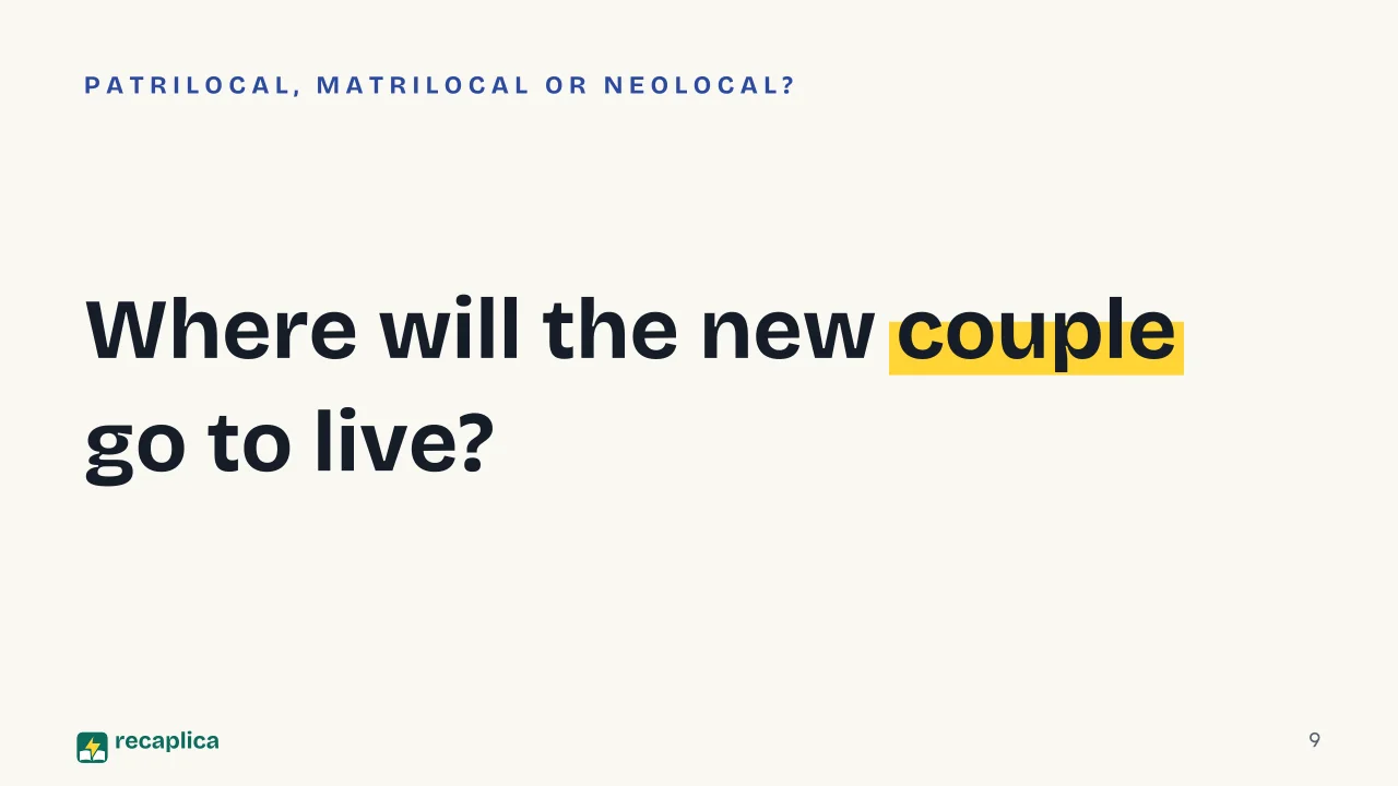 Slide 9 of the presentation on What Is Kinship? Types of Family, Descent and Residence Across Cultures: Where will the new couple go to live?
