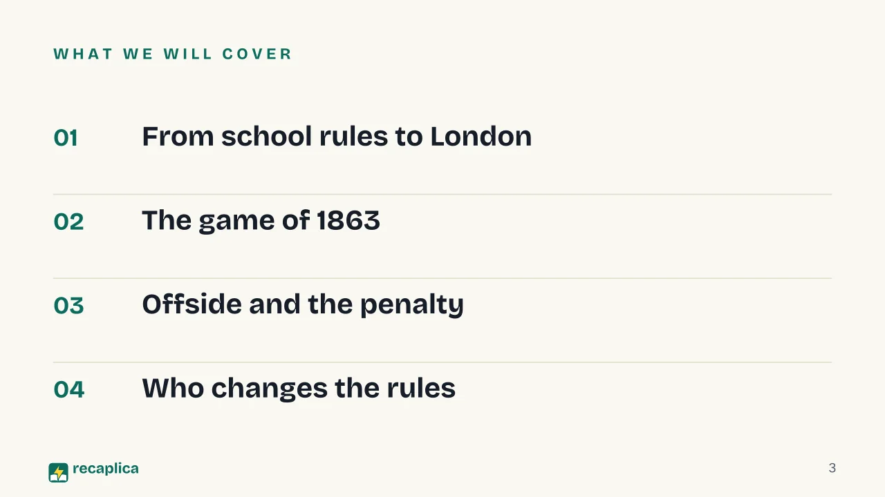 Slide 3 of the presentation on The History of Football Rules: What we will cover