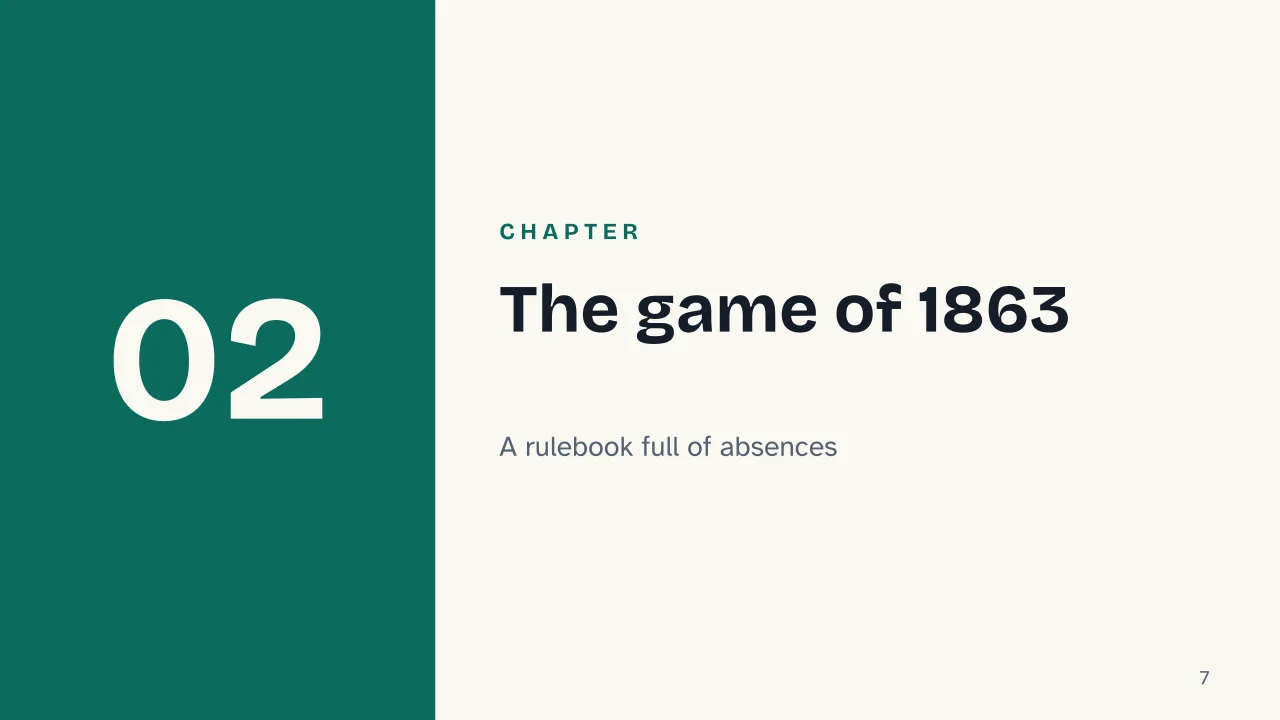Slide 7 of the presentation on The History of Football Rules: Chapter 02: The game of 1863