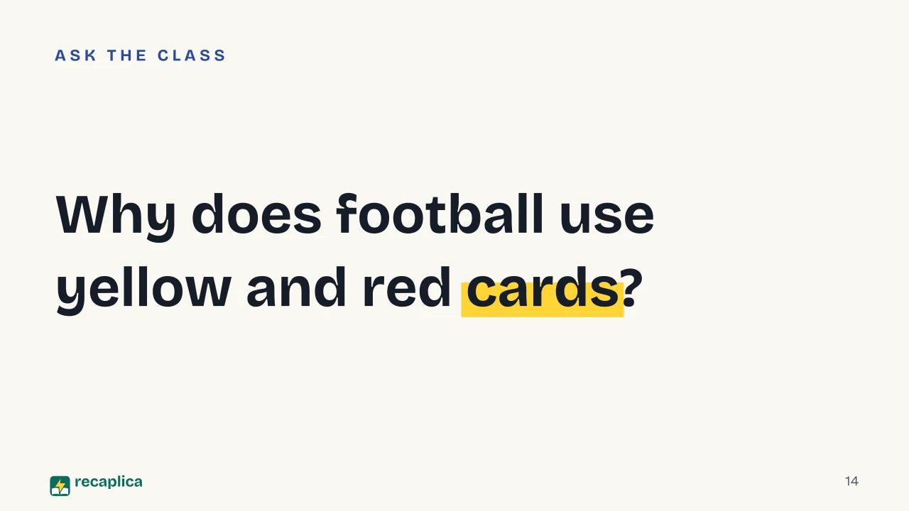 Slide 14 of the presentation on The History of Football Rules: Why does football use yellow and red cards?