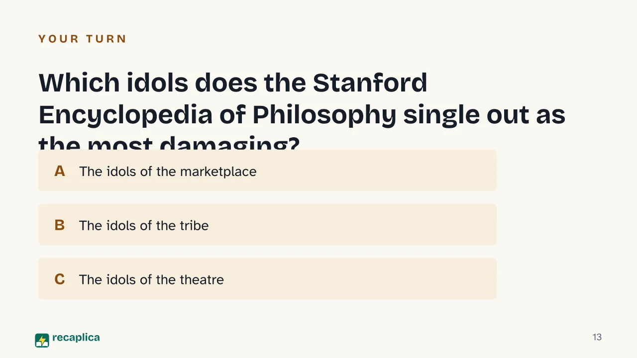 Slide 13 of the presentation on Francis Bacon's Inductive Method: Which idols does the Stanford Encyclopedia of Philosophy single out as the most damaging?