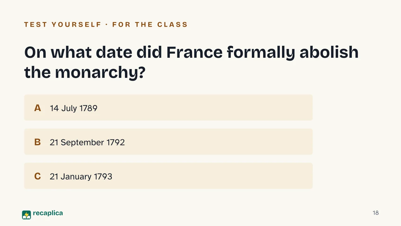 Slide 18 of the presentation on French Revolution Summary: On what date did France formally abolish the monarchy?