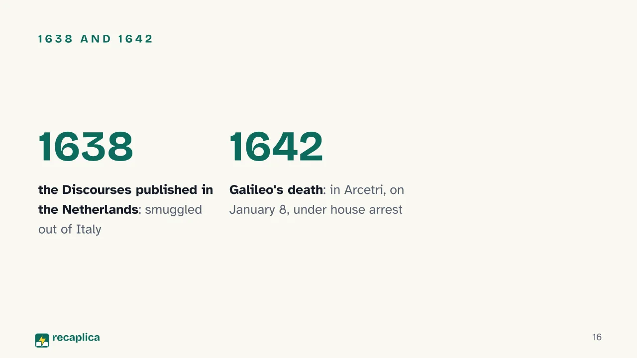 Slide 16 of the presentation on Galileo Galilei: 1638 and 1642