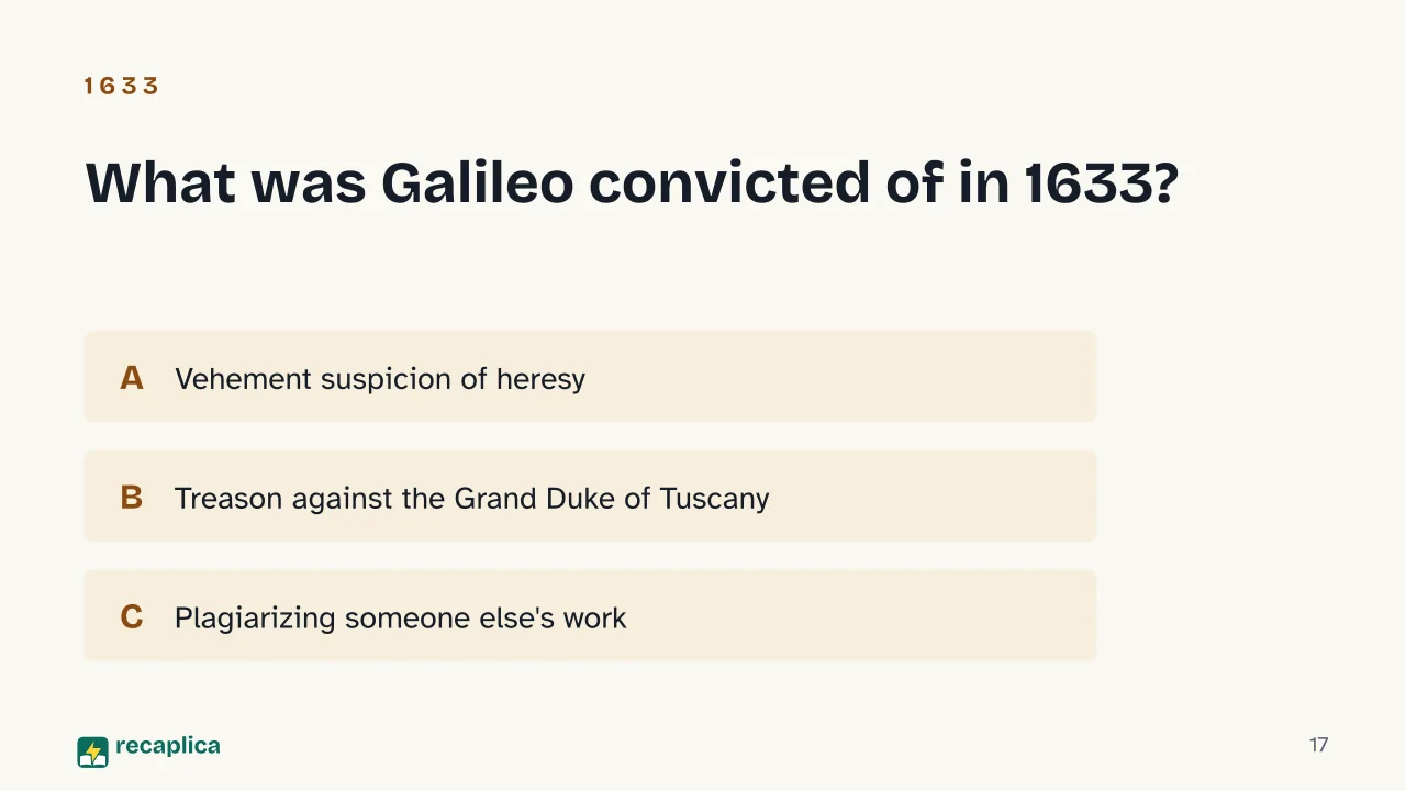 Slide 17 of the presentation on Galileo Galilei: What was Galileo convicted of in 1633?
