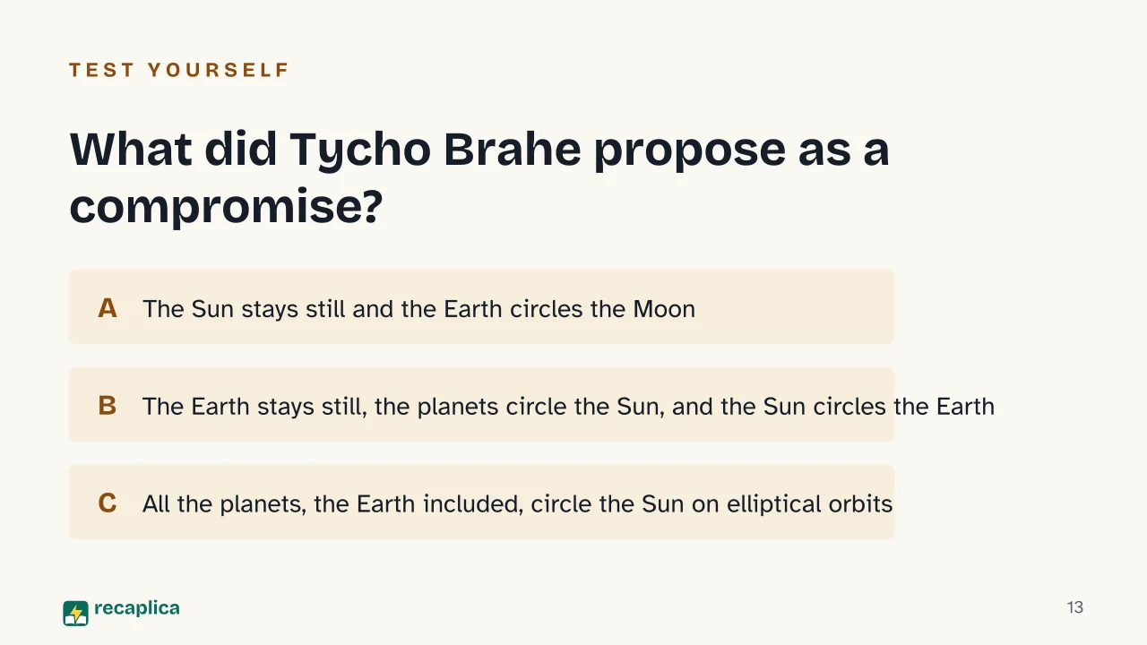 Slide 13 of the presentation on Geocentric vs heliocentric model: What did Tycho Brahe propose as a compromise?