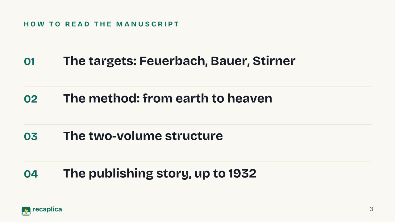 Slide 3 of the presentation on The German Ideology: How to read the manuscript