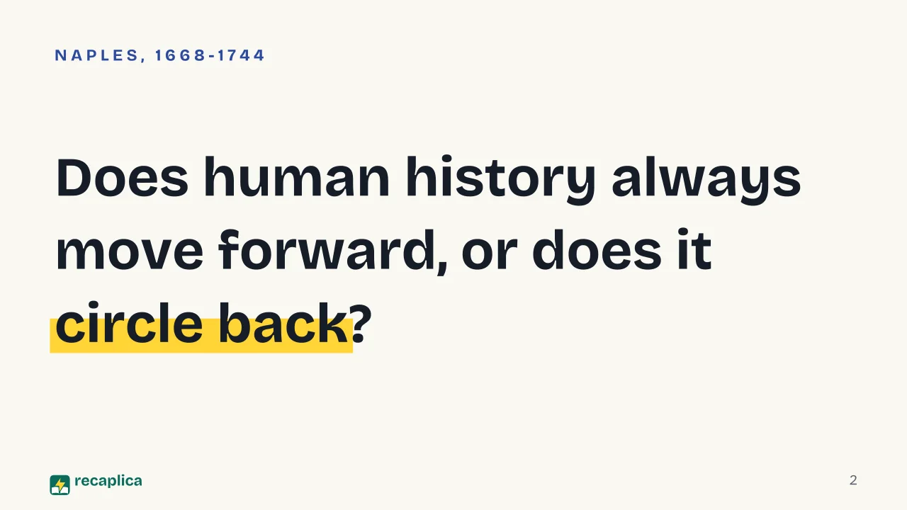 Slide 2 of the presentation on Giambattista Vico: Does human history always move forward, or does it circle back?
