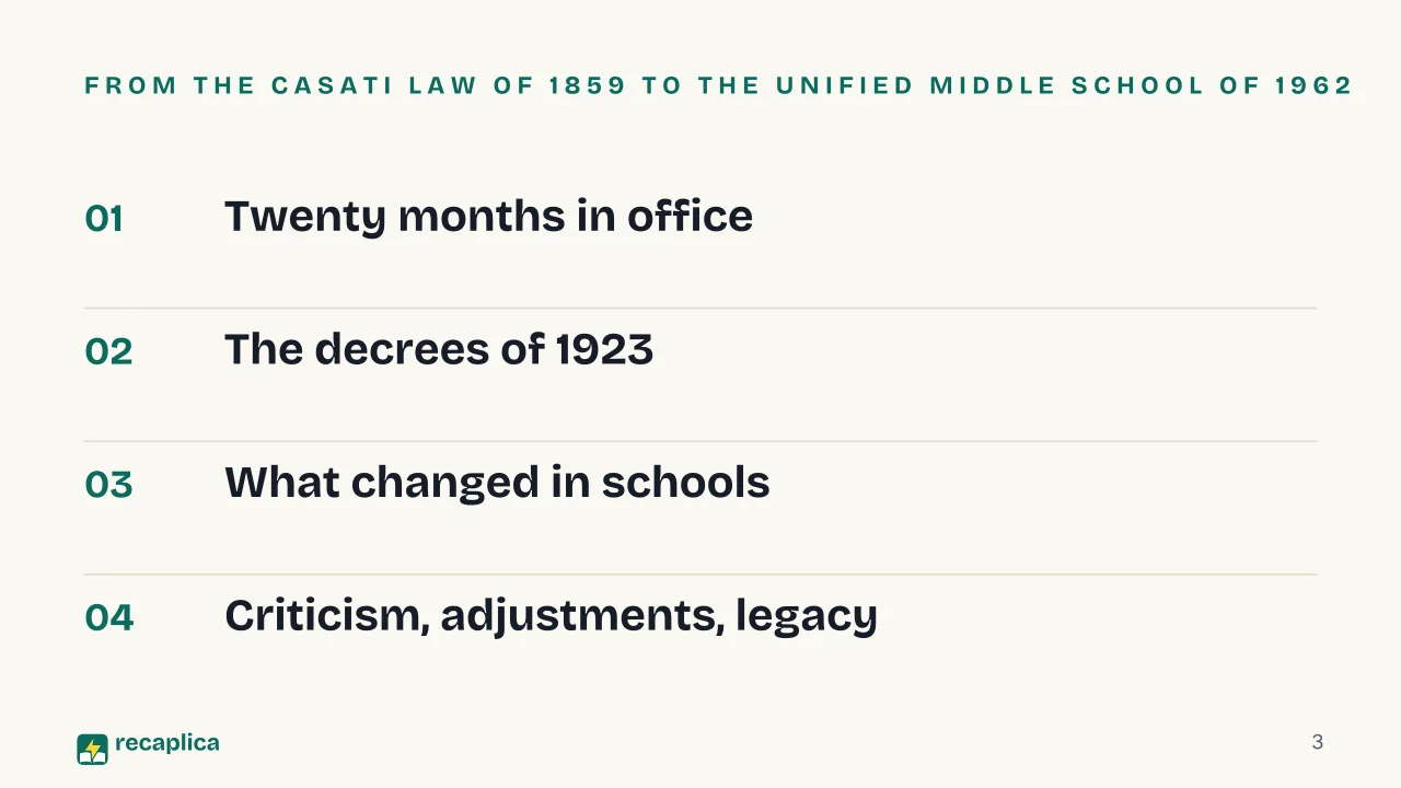 Slide 3 of the presentation on Giovanni Gentile and the 1923 School Reform: From the Casati law of 1859 to the unified middle school of 1962