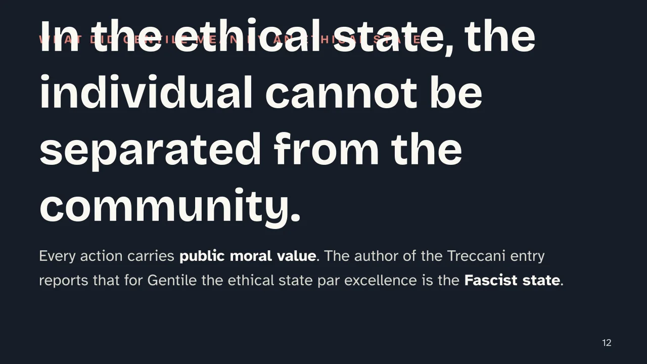 Slide 12 of the presentation on Giovanni Gentile: In the ethical state, the individual cannot be separated from the community.