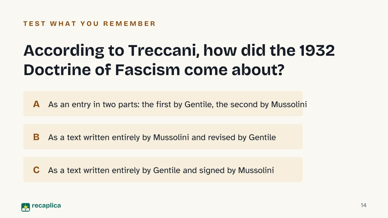 Slide 14 of the presentation on Giovanni Gentile: According to Treccani, how did the 1932 Doctrine of Fascism come about?