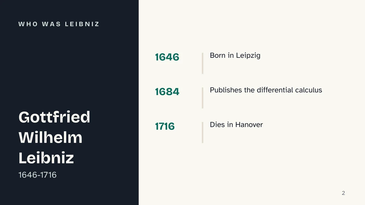 Slide 2 of the presentation on Gottfried Leibniz: Who was Leibniz