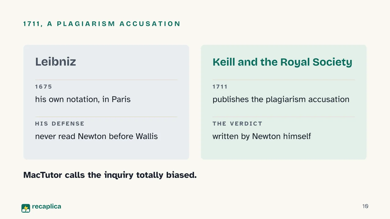 Slide 10 of the presentation on Gottfried Leibniz: 1711, a plagiarism accusation