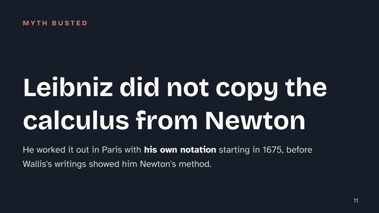 Slide 11 of the presentation on Gottfried Leibniz: Leibniz did not copy the calculus from Newton