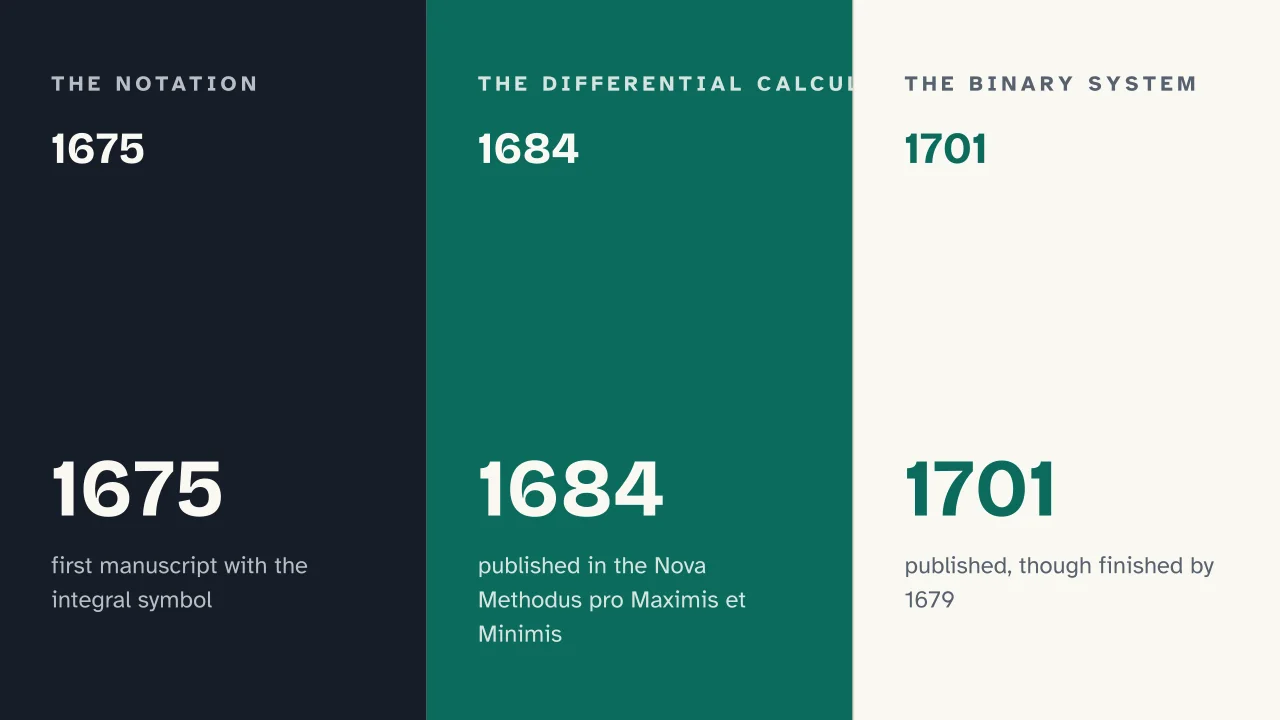 Slide 13 of the presentation on Gottfried Leibniz: 1675 · 1684 · 1701