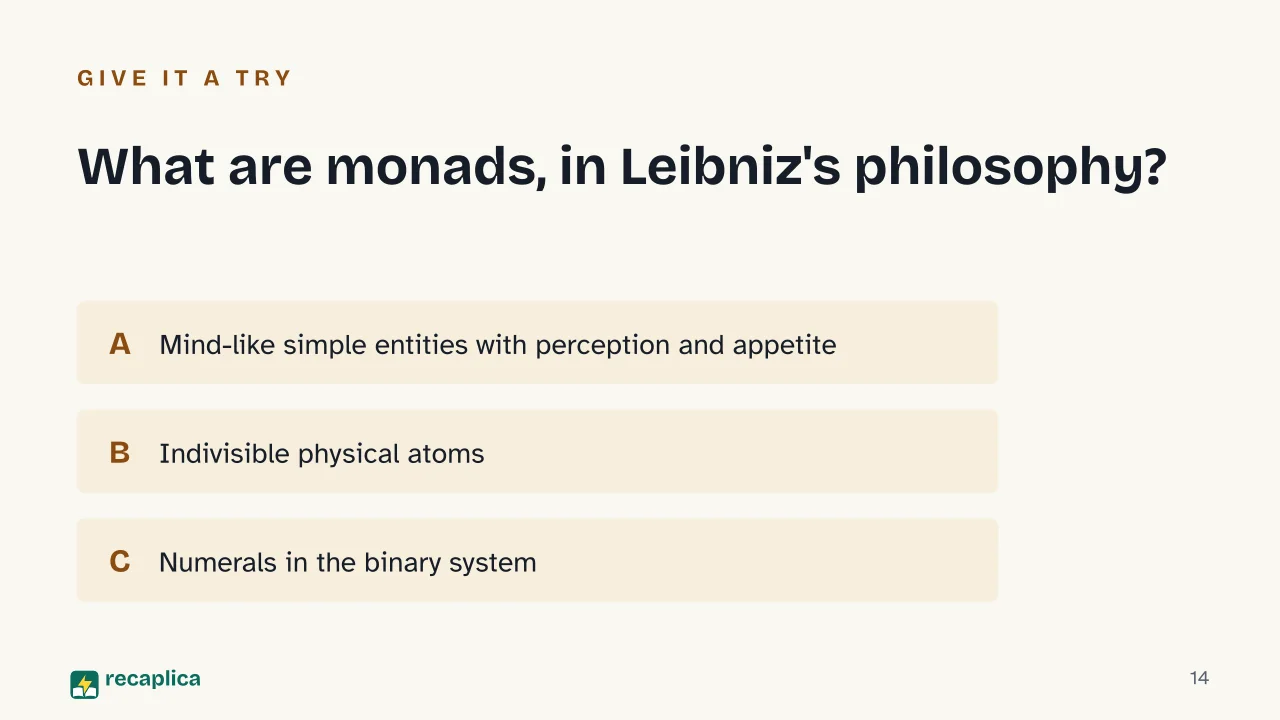 Slide 14 of the presentation on Gottfried Leibniz: What are monads, in Leibniz's philosophy?