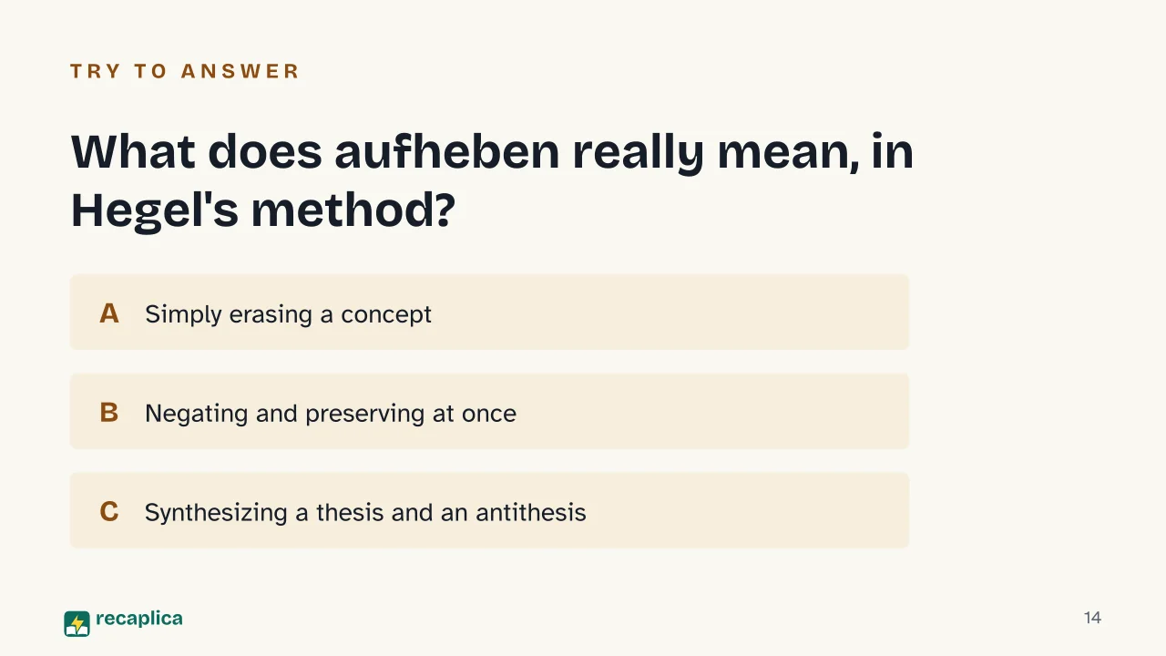 Slide 14 of the presentation on Hegel and German Idealism: What does aufheben really mean, in Hegel's method?