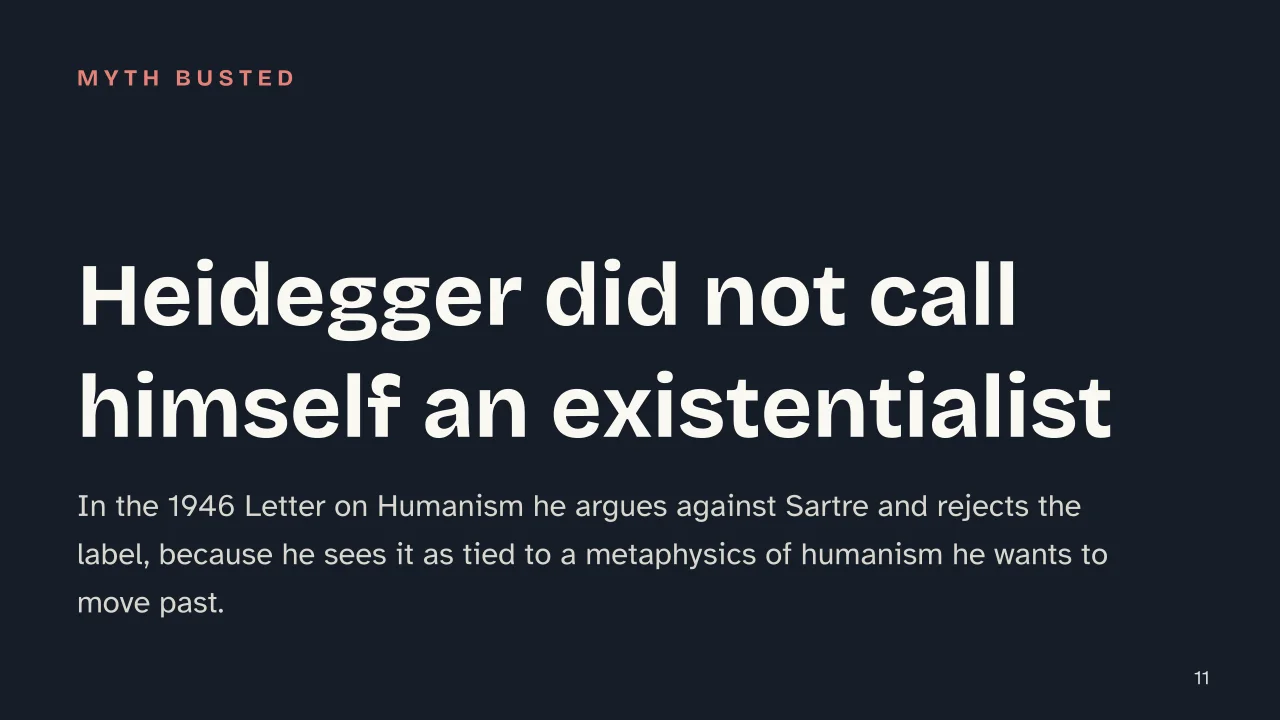 Slide 11 of the presentation on What Is Existentialism? Heidegger, Being and Time, and Dasein: Heidegger did not call himself an existentialist