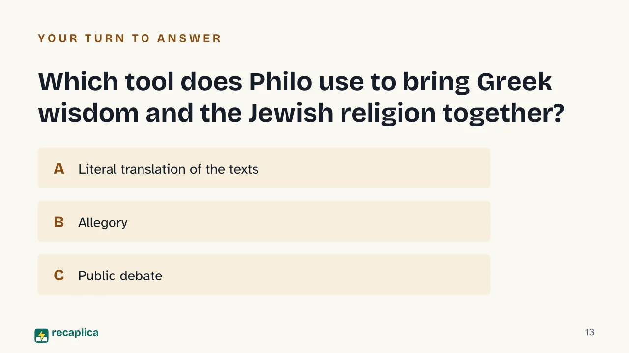 Slide 13 of the presentation on Hellenistic Judaism: Which tool does Philo use to bring Greek wisdom and the Jewish religion together?