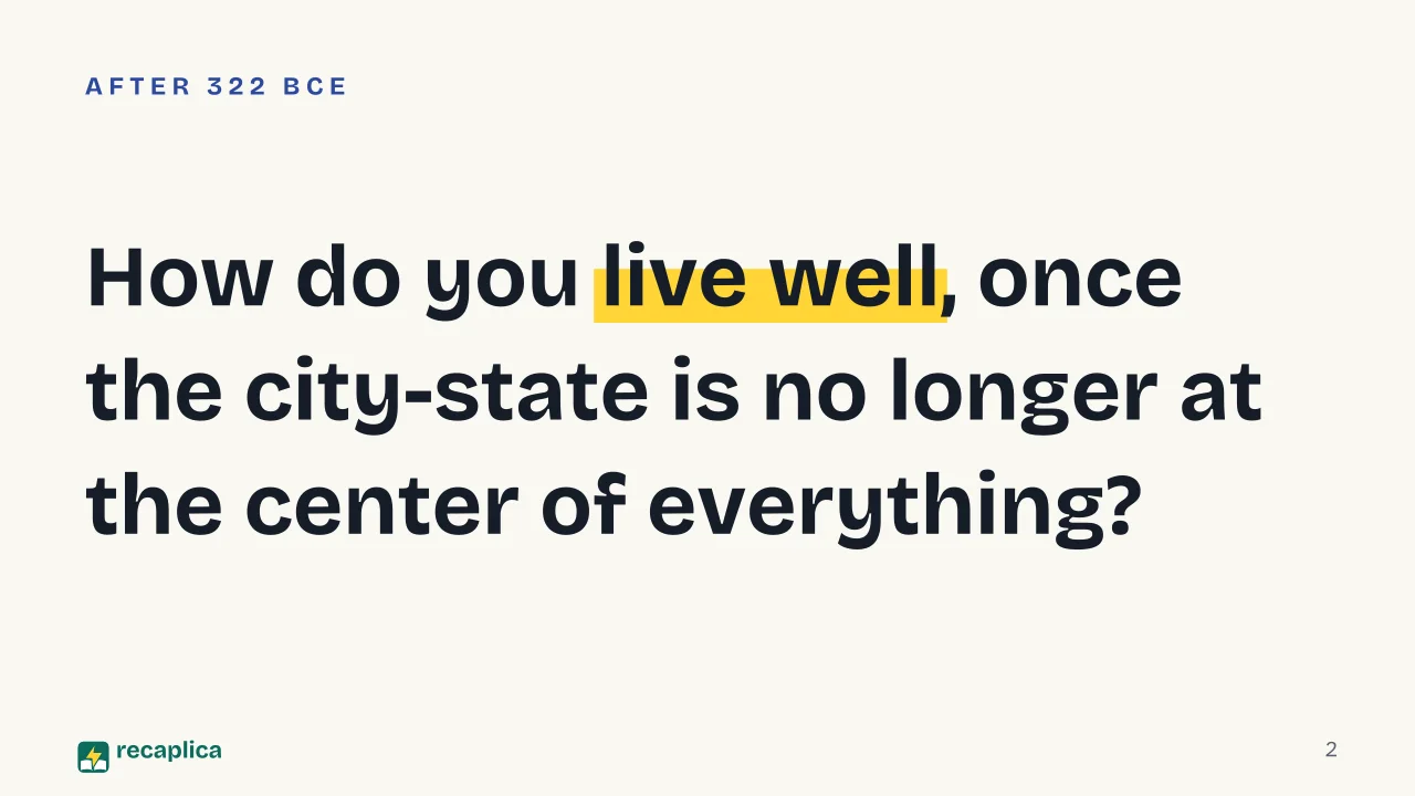Slide 2 of the presentation on Hellenistic Philosophy: How do you live well, once the city-state is no longer at the center of everything?