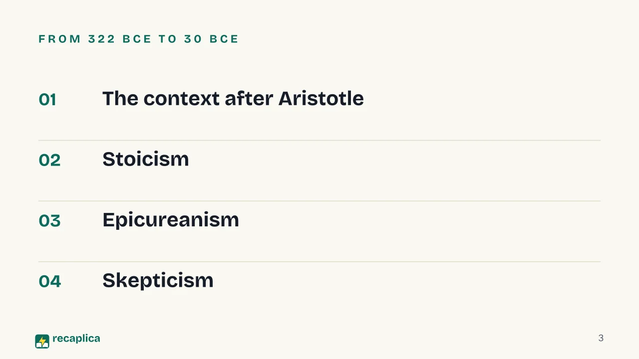 Slide 3 of the presentation on Hellenistic Philosophy: From 322 BCE to 30 BCE