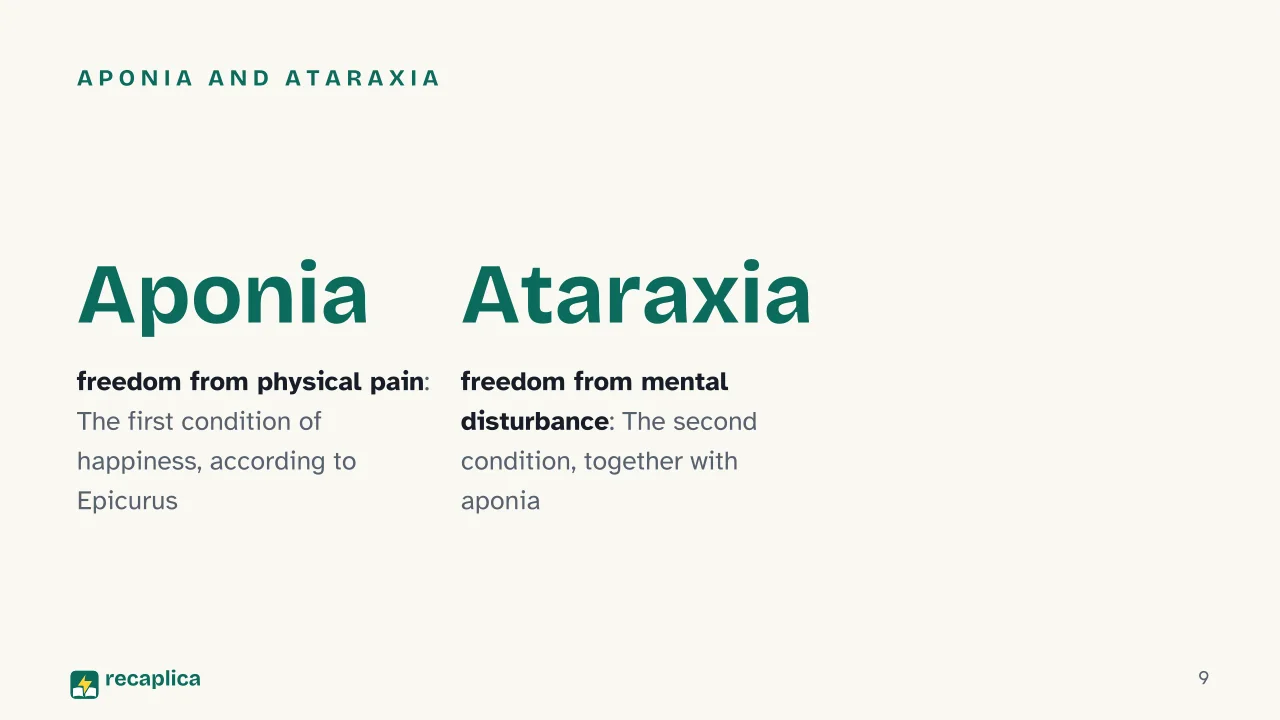 Slide 9 of the presentation on Hellenistic Philosophy: Aponia and ataraxia