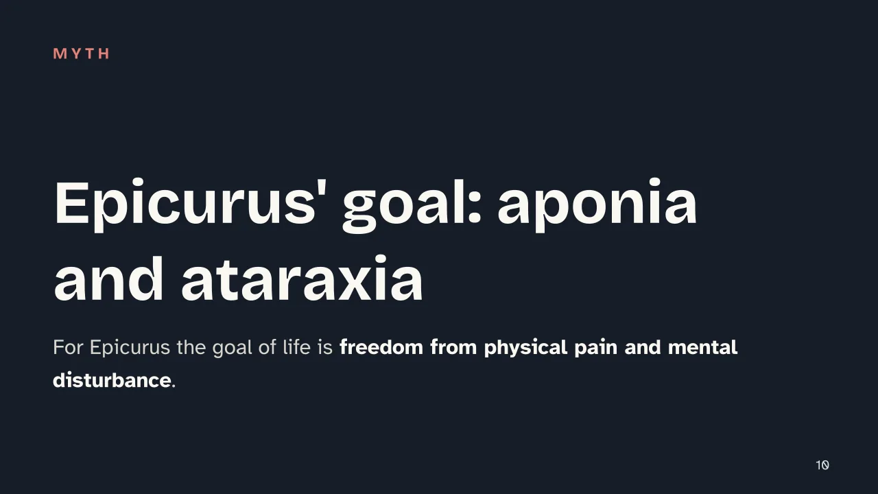 Slide 10 of the presentation on Hellenistic Philosophy: Epicurus' goal: aponia and ataraxia
