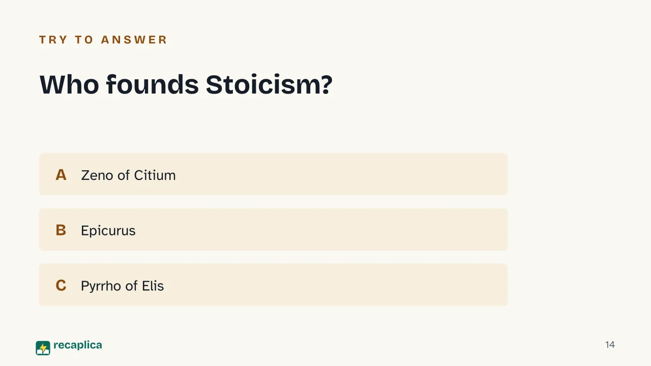 Slide 14 of the presentation on Hellenistic Philosophy: Who founds Stoicism?