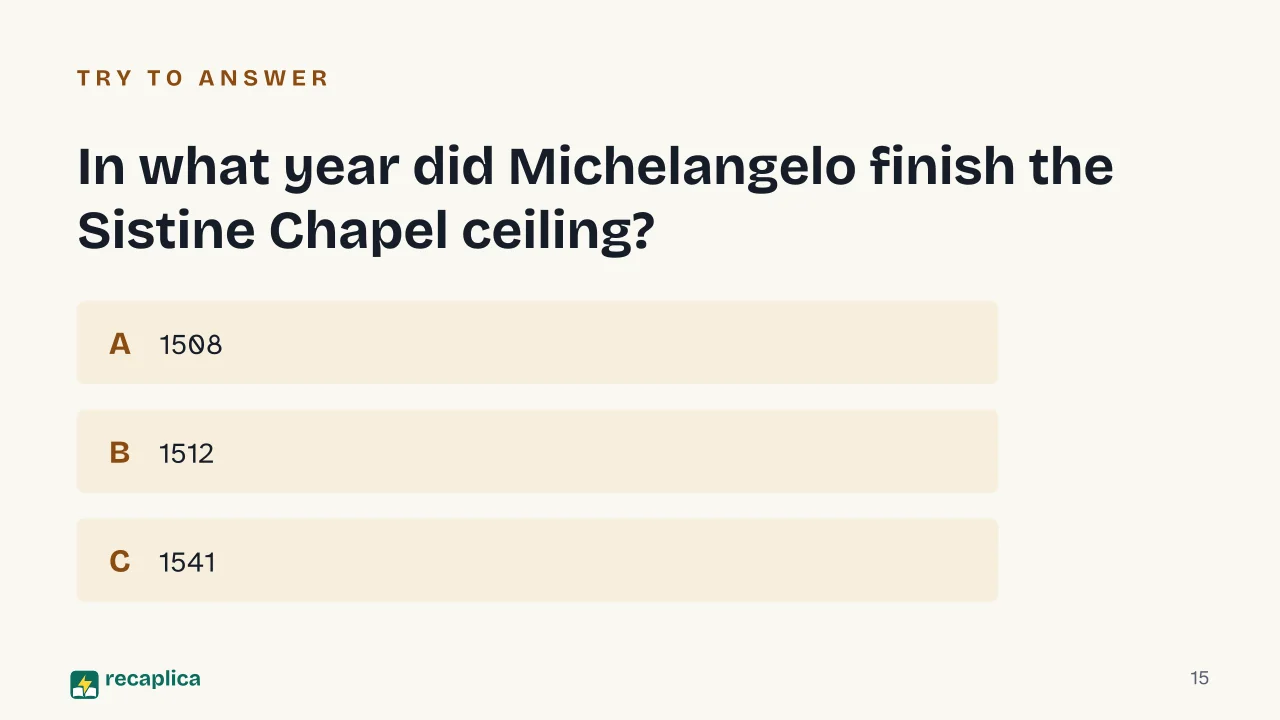 Slide 15 of the presentation on High Renaissance: In what year did Michelangelo finish the Sistine Chapel ceiling?