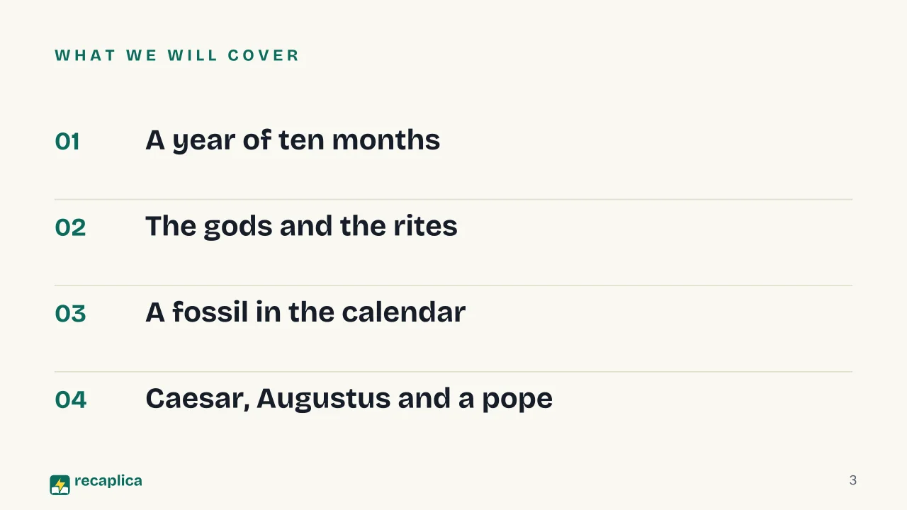 Slide 3 of the presentation on Why September Isn't the Seventh Month: What we will cover