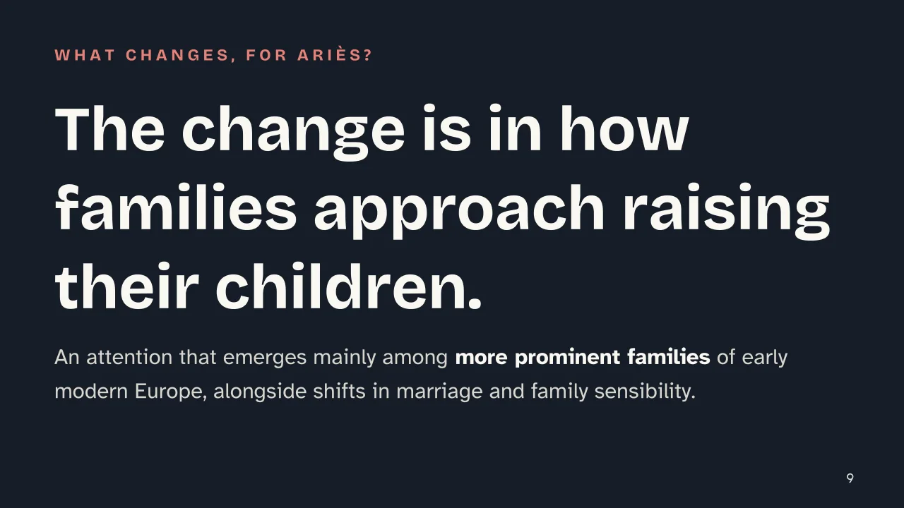 Slide 9 of the presentation on History of Childhood: The change is in how families approach raising their children.