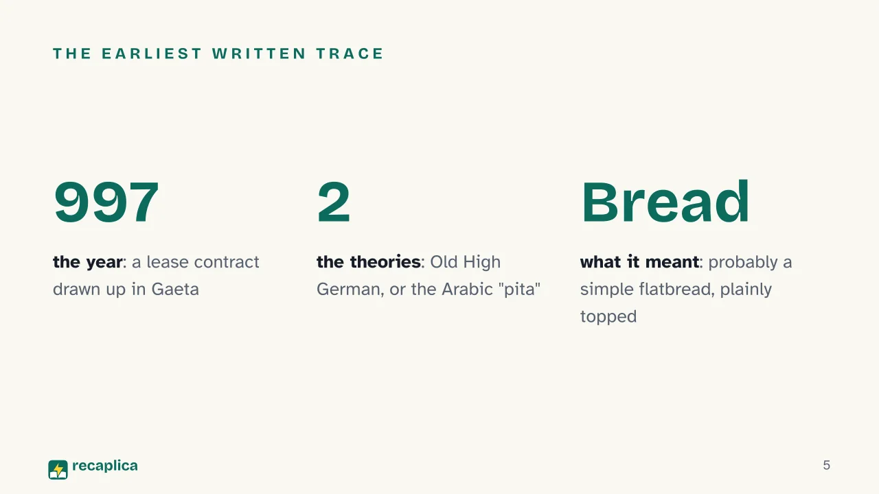 Slide 5 of the presentation on History of Pizza: The earliest written trace