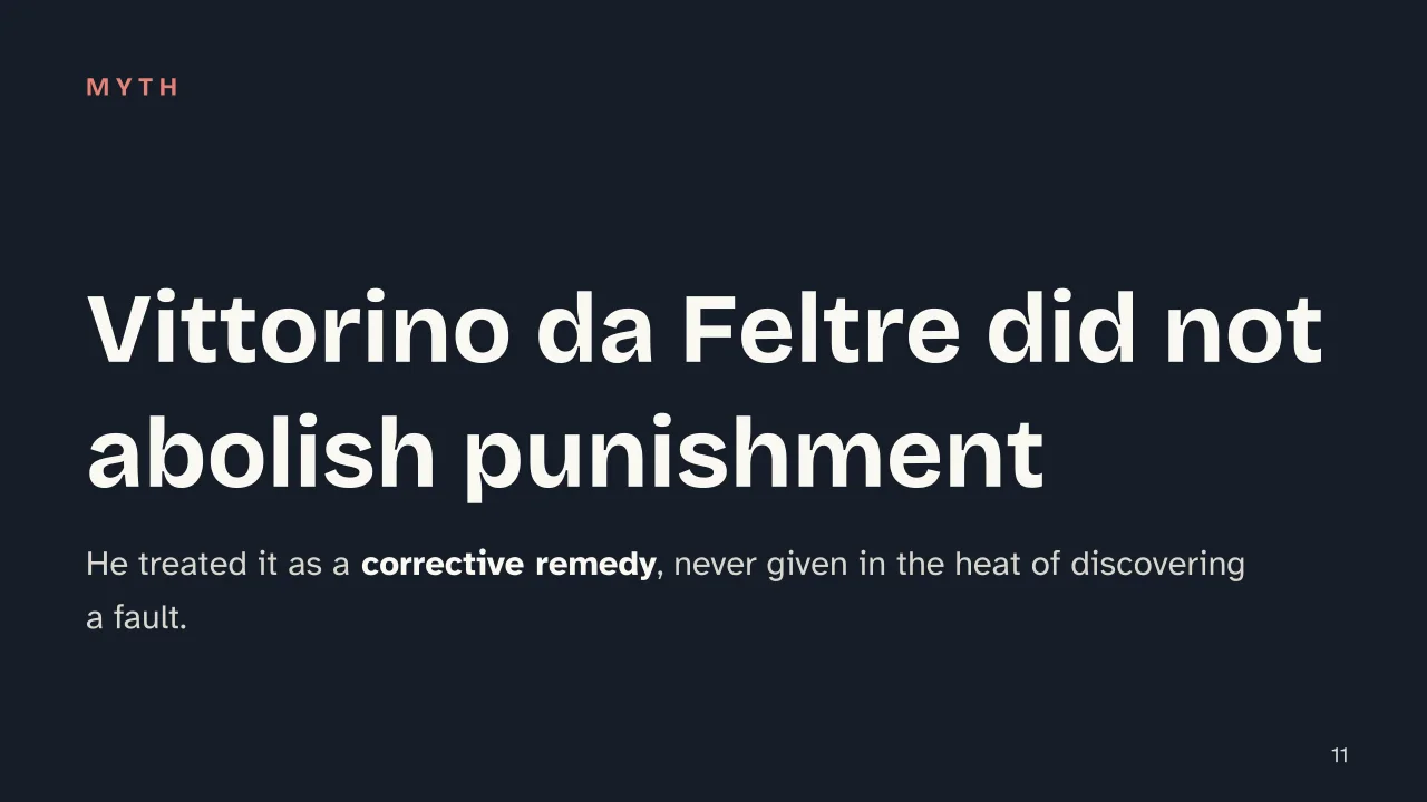Slide 11 of the presentation on Humanist Pedagogy: Vittorino da Feltre did not abolish punishment